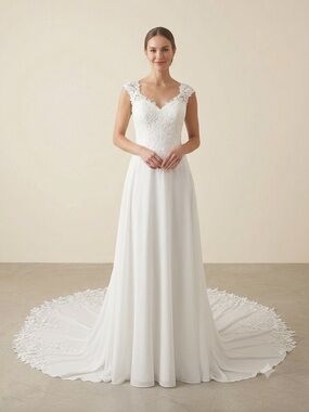 Lace Bodice V-Neck Wedding Dress in White
